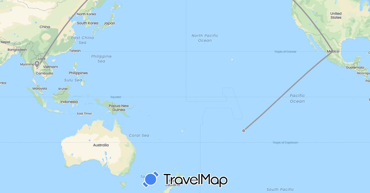 TravelMap itinerary: plane in France, Mexico, Thailand (Asia, Europe, North America)